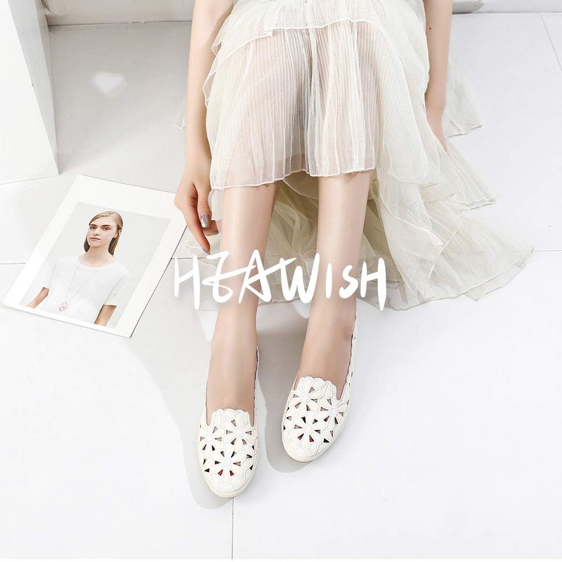 HEAWISH Women's Floral Ballet Flats for Women Black Beige Slip On Flowers PU Leather Round Toe Dress Shoes(Beige,US9) - Image 2